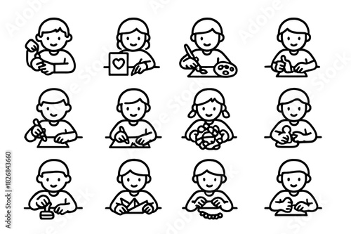 Holiday Craft Icons. Holiday Crafts. Line icon set of Holiday Crafts: child making ornament, child decorating card, child painting, child cutting paper, child