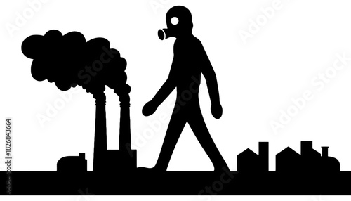 Silhouette of person with gas mask walking by factories and buildings