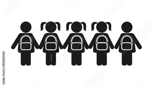 Five stick figure girls holding hands wearing backpacks illustration