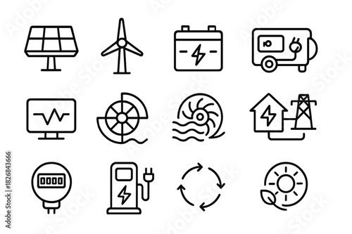 Off-Grid Energy Icons. Off-grid solutions. Line icon set of off-grid solutions: solar panel, wind turbine, battery storage, generator, inverter, micro hydro,