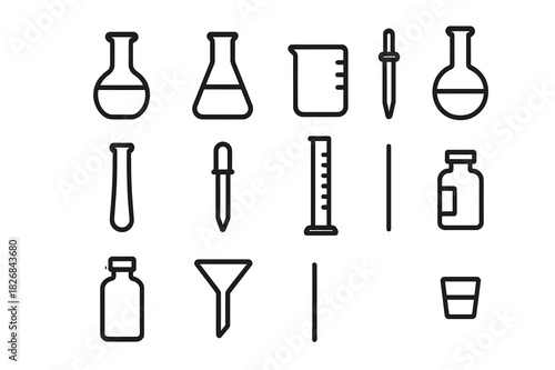 Scientific Glassware Icons. Scientific glassware. Line icon set of scientific glassware: volumetric flask, Erlenmeyer flask, beaker, round-bottom flask, test