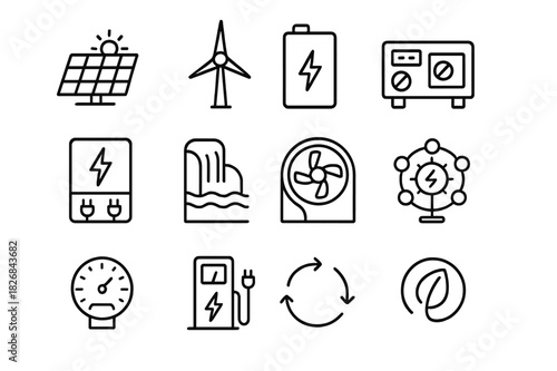 Off-Grid Energy Icons. Off-grid solutions. Line icon set of off-grid solutions: solar panel, wind turbine, battery storage, generator, inverter, micro hydro,