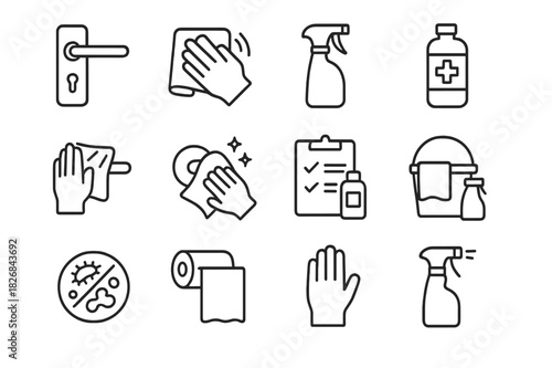 Cleaning Icon Set. Wiping down door handles. Line icon set of Wiping down door handles: door handle, cleaning cloth, spray bottle, disinfectant, hand in glove,