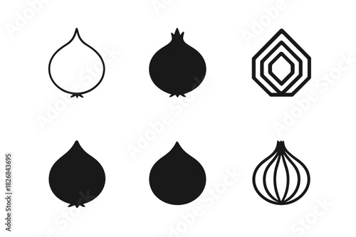 Onion Logo Variations. Onion. Icon set. Set Logo of onion: whole onion silhouette. harmonious logo variations of the same emblematic concept, each with