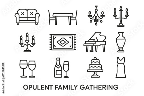 Opulent Gathering Icons. Opulent Family Gathering. Line icon set of Opulent Family Gathering: sofa set, dining table, chandelier, candelabra, ornate rug, grand