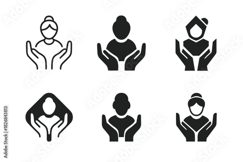 Elderly Care Logos. Elderly care and senior wellness. Icon set. Set Logo of elderly care: caring hands supporting an elder. harmonious logo variations of the