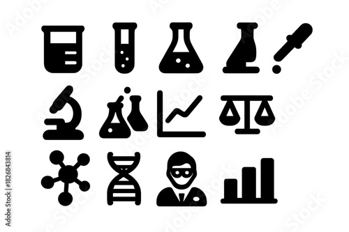 Scientific Icon Grid. Lab analysis. Solid icon set of Lab analysis: beaker, test tube, flask, pipette, microscope, chemical reaction, graph icon, measurement