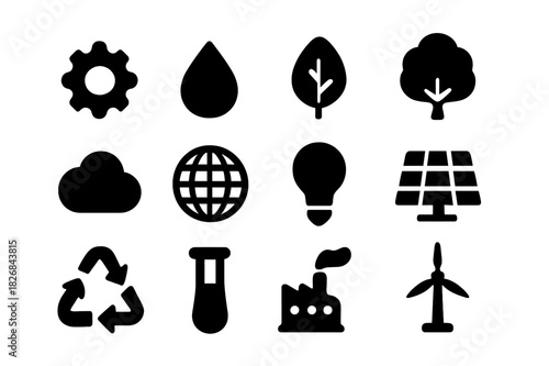 Environmental Icons Set. Environmental engineering. Solid icon set of environmental engineering: gear, water droplet, leaf, tree, cloud, globe, light bulb,