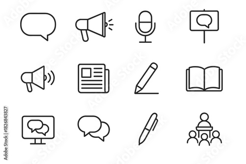 Open Dialogue Icons. Open Dialogue. Line icon set of Open Dialogue: speech bubble, megaphone, microphone, protest sign, loudspeaker, newspaper, pencil, open