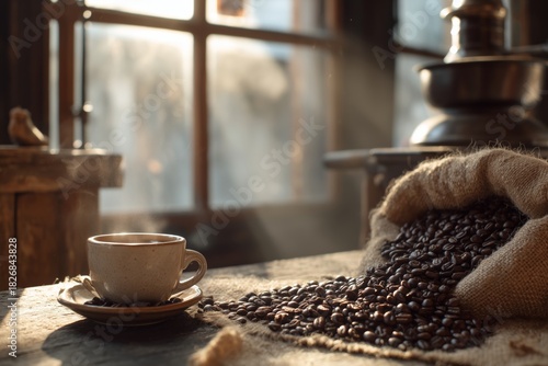 Warm Coffee Cup Beside Scattered Beans in Cozy Cafe Setting During Morning Light