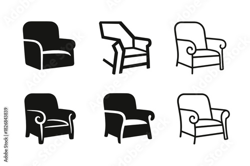 Armchair Logo Variations. Armchair armrest. Icon set. Set Logo of armchair design: leather chair armrest. harmonious logo variations of the same emblematic