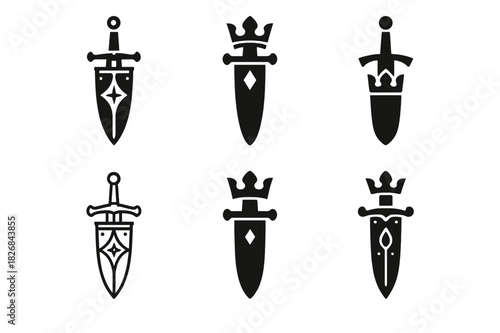 King Arthur Logos. King Arthur's legends. Icon set. Set Logo of King Arthur's legends: Excalibur sheath. harmonious logo variations of the same emblematic