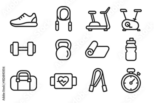 Outdoor Fitness Icons. Outdoor Fitness. Line icon set of Outdoor Fitness: running shoes, jump rope, treadmill, stationary bike, dumbbell, kettlebell, yoga mat,