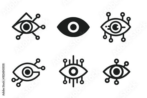 Transhumanism Technology Logos. Transhumanism and technology integration. Icon set. Set Logo of transhumanism and technology integration: Augmented eye