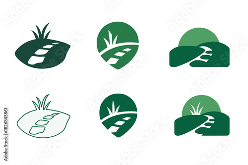 Outdoor Landscaping Icons. Outdoor landscaping design and installation. Icon set. Set Logo of outdoor landscaping design and installation: Lawn with stone