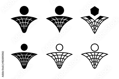 Cosmology Logo Variations. The study of the universe's age and expansion. Icon set. Set Logo of cosmology: expanding spacetime grid. harmonious logo variations