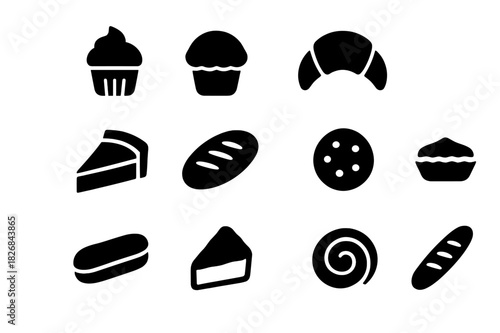 Bakery Icon Grid. Bakery items. Solid icon set of Bakery items: cupcake, muffin, croissant, donut, pie slice, loaf of bread, cookie, tart, eclair, scone,