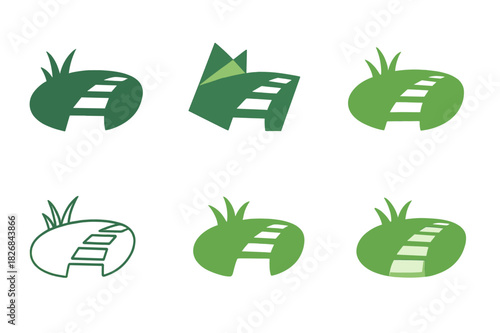 Outdoor Landscaping Icons. Outdoor landscaping design and installation. Icon set. Set Logo of outdoor landscaping design and installation: Lawn with stone