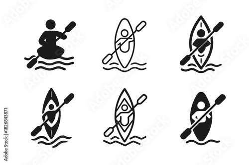 Outdoor Sports Logos. Outdoor sports. Icon set. Set Logo of outdoor sports: kayaking on river. harmonious logo variations of the same emblematic concept, each