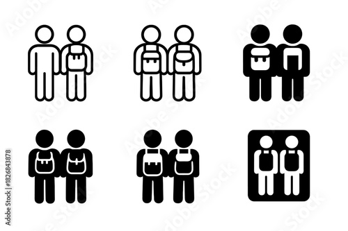 Backpackers Icon Set. Traveling together. Icon set. Set Logo of friends with backpacks. harmonious logo variations of the same emblematic concept (Symmetrical