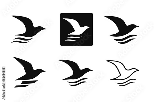 Seagull Logo Variations. Seagulls flying. Icon set. Set Logo of seagulls flying: Seagull in wind stream. harmonious logo variations of the same emblematic
