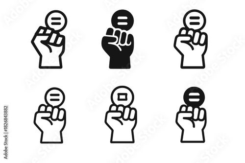 Equal Pay Icons. Demand for equal pay. Icon set. Set Logo of demand for equal pay: Raised fist holding coin. harmonious logo variations of the same emblematic