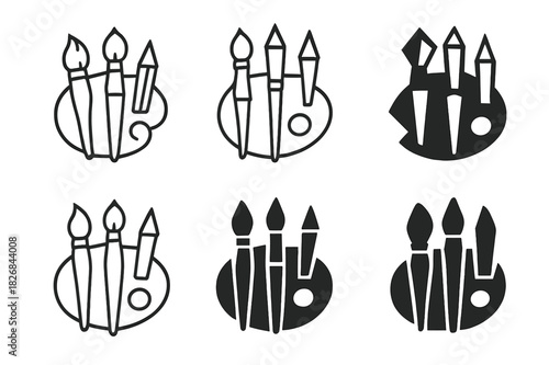 Drawing Tools Logos. Drawing tools. Icon set. Set Logo of drawing tools: artist toolkit. harmonious logo variations of the same emblematic concept, each with