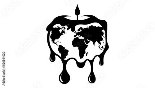 Black and white world map melting candle illustration on white background