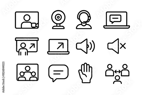 Virtual Meeting Icons. Virtual meeting. Line icon set of virtual meeting: video call window, webcam icon, headset user, laptop with chat, online presentation,