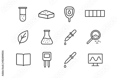 Soil Testing Icons. Soil Testing. Line icon set of Soil Testing: test tube, soil sample, moisture meter, pH scale, leaf, flask, dropper, magnifying glass,