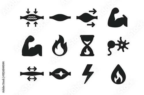 Muscle Function Icons. Muscle function. Solid icon set of Muscle function: contraction, relaxation, stretching, strength icon, movement arrow, flexed arm,