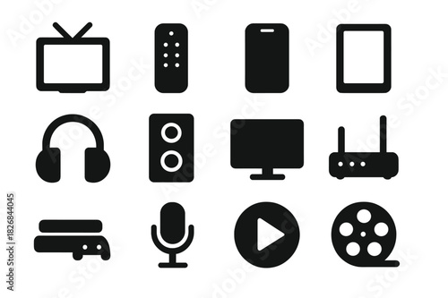 Media Devices Icons. Media devices. Solid icon set of media devices: TV, remote, smartphone, tablet, headphones, speaker, monitor, Wi-Fi router, console,