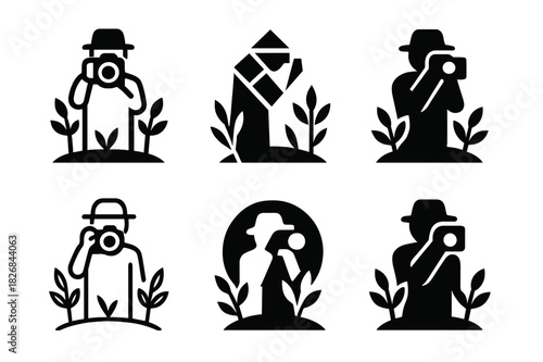 Nature Photoshoot Logos. May photoshoot in nature. Icon set. Set Logo of nature photoshoot: photographer in a field. harmonious logo variations of the same