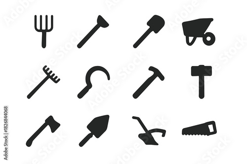 Farm Tools Icons. Farm tools. Solid icon set of Farm tools: pitchfork, hoe, shovel, wheelbarrow, rake, watering can, sickle, hammer, axe, trowel, plow, saw.