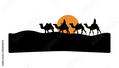 Silhouette of camels and riders with sun in desert landscape scene