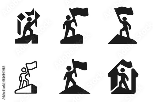 Rooftop Activist Logos. Activist on rooftop. Icon set. Set Logo of activist on rooftop: Banner waving in wind. harmonious logo variations of the same