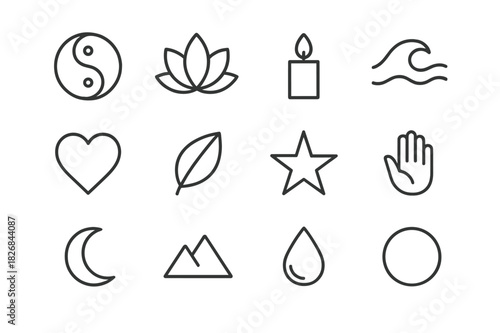 Spiritual Balance Icons. Spiritual balance. Line icon set of spiritual balance: yin yang, lotus, candle, wave, heart, leaf, star, hand, moon, mountain, water