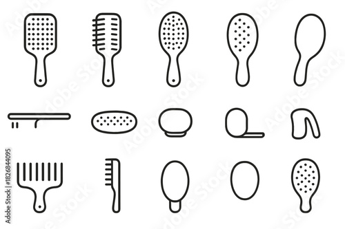 Hairbrush Line Icons. Hairbrush types. Line icon set of hairbrush types: paddle brush, vent brush, round brush, detangling brush, teasing brush, cushion brush,