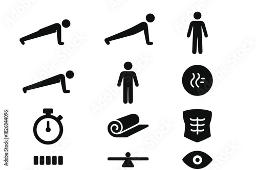 Plank Pose Icons. A Person Doing a Plank, Holding Their Body in a Strong, Stable Position. Solid icon set of A Person Doing a Plank, Holding Their Body in a