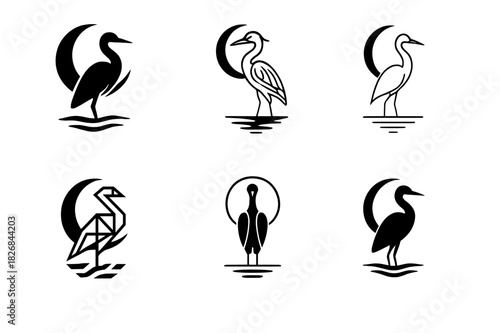 Heron Logo Variations. Herons. Icon set. Set Logo of Herons: heron and moon reflection. harmonious logo variations of the same emblematic concept, each with