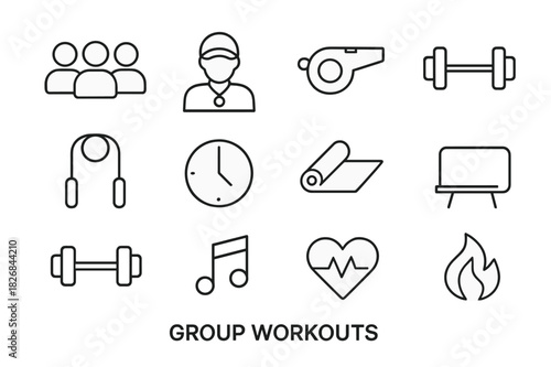 Group Workout Icons. Group workouts. Line icon set of group workouts: group of people, coach figure, whistle, barbell, jump rope, clock, mat, dumbbell, music