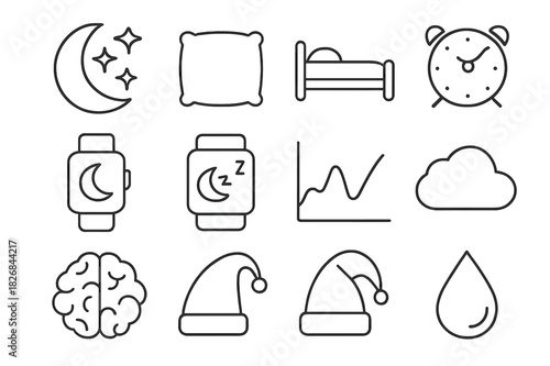 Sleep Optimization Icons. Sleep optimization. Line icon set of sleep optimization: moon, stars, pillow, bed, alarm clock, smartwatch, sleep tracker, graph,