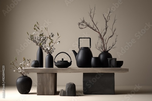 Elegant Black Pottery Displayed on Wooden Table With Flower Branches in a Min...