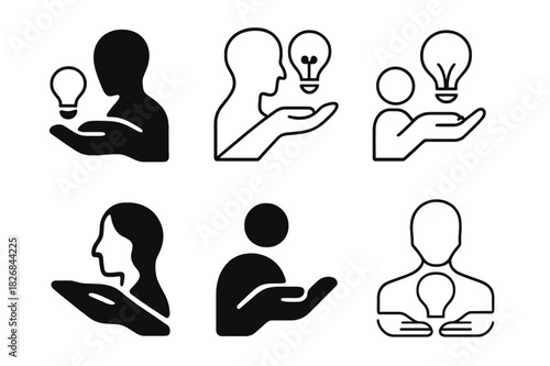Mentorship Logo Variations. Mentor offering advice. Icon set. Set Logo of mentorship: guiding hand and lightbulb. harmonious logo variations of the same