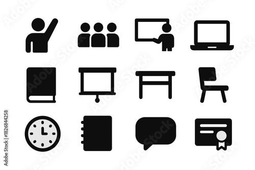 Group Class Icons. Group class. Solid icon set of group class: instructor, students, whiteboard, laptop, book, presentation screen, desk, chair, clock,