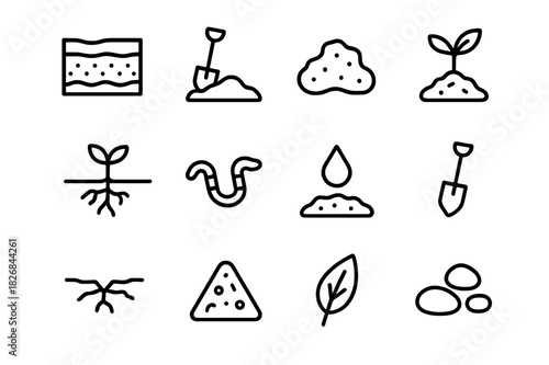 Soil Icon Set. Soil. Line icon set of Soil: soil layers, shovel, earth clod, sprouting seed, root system, worm, soil moisture drop, spade, cracked ground,
