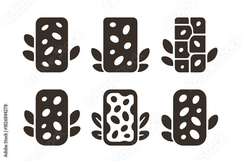 Granola Bar Logos. Granola bars. Icon set. Set Logo of granola bars: wholesome snack emblem. harmonious logo variations of the same emblematic concept, each