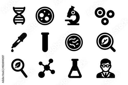 Biology Experiment Icons. Biology experiments. Solid icon set of Biology experiments: DNA strand, petri dish, microscope, cells, pipette, test tube, culture