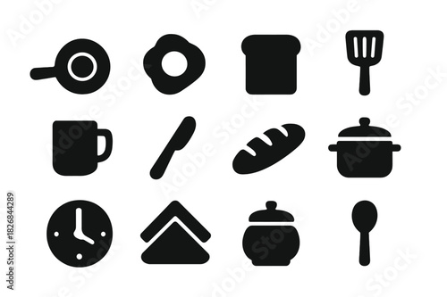 Morning Kitchen Icons. Kitchen morning. Solid icon set of kitchen morning: frying pan, egg, toast, spatula, coffee mug, butter knife, bread loaf, pot, clock,