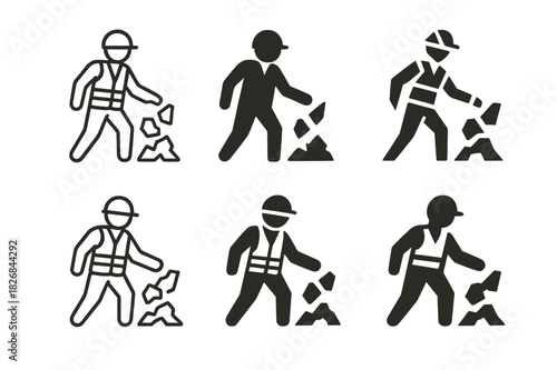 Disaster Recovery Icons. Assisting at disaster recovery sites and debris removal. Icon set. Set Logo of assisting at disaster recovery sites and debris